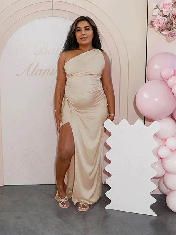 Momnfancy Apricot One Shoulder Backless Maternity Babyshower Maxi Dress