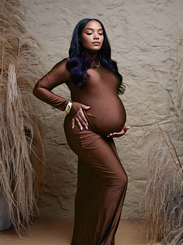 Momnfancy Brown Plus Size Ruched Lace-up Bodycon Photoshoot Maternity Maxi Dress