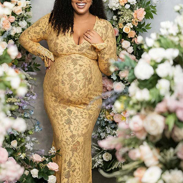 Momnfancy Yellow Lace V-neck Flare Sleeve Plus Size Elegant Maternity Maxi Dress