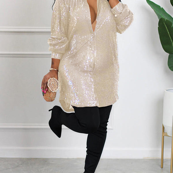 Momnfancy Sequin Button Down Shirt Lapel Sparkle Glitter Tunic Tops Loose Blouse Babyshower Maternity Mini Dress