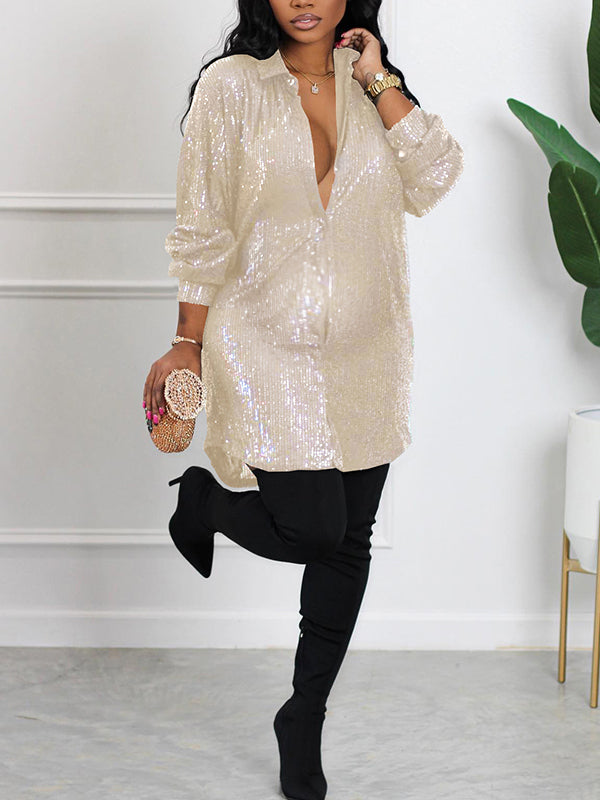 Momnfancy Sequin Button Down Shirt Lapel Sparkle Glitter Tunic Tops Loose Blouse Babyshower Maternity Mini Dress