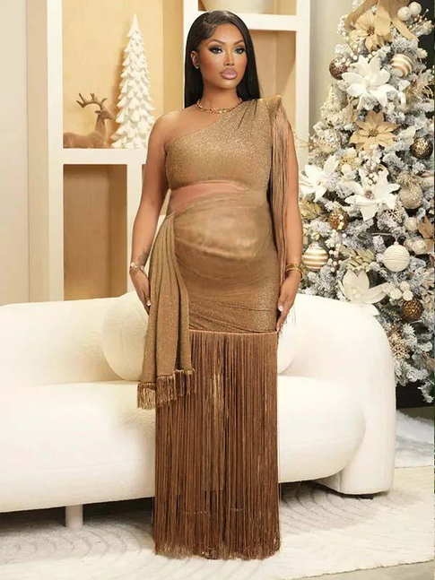 Momnfancy Bright Wire Tassel Cloak Sleeve One Shoulder Bodycon Evening Gown Baby Shower Maternity Maxi Dress