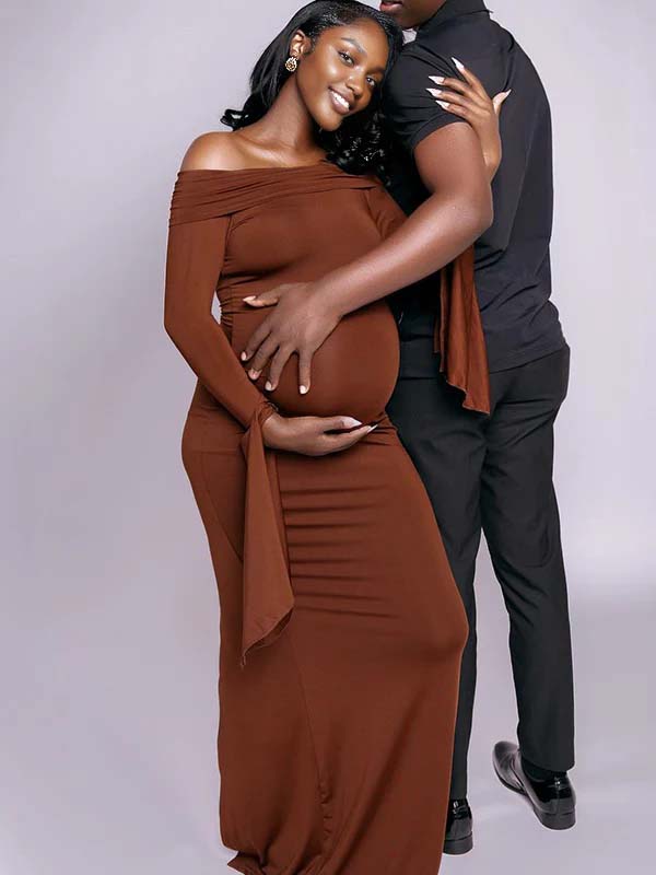 Momnfancy Boat Neck Flare Sleeve Maternity Maxi Dresses