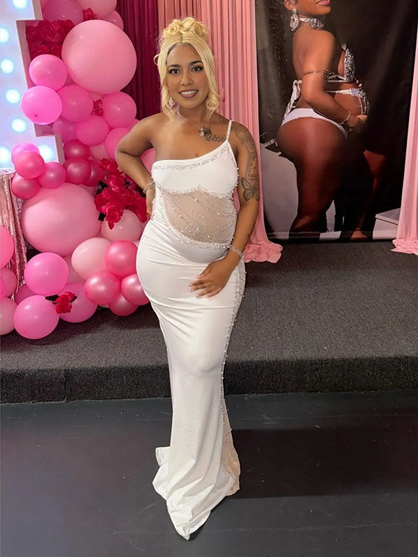 Momnfancy Diamonds Mesh One Shoulder Bodycon Baby Shower Mermaid Maternity Maxi Dress