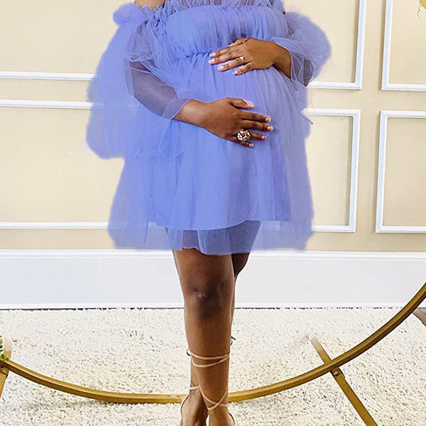 Momnfancy Purple Grenadine Tulle Off Shoulder Ruffle Flare Sleeve Baby Shower Photoshoot Maternity Dress