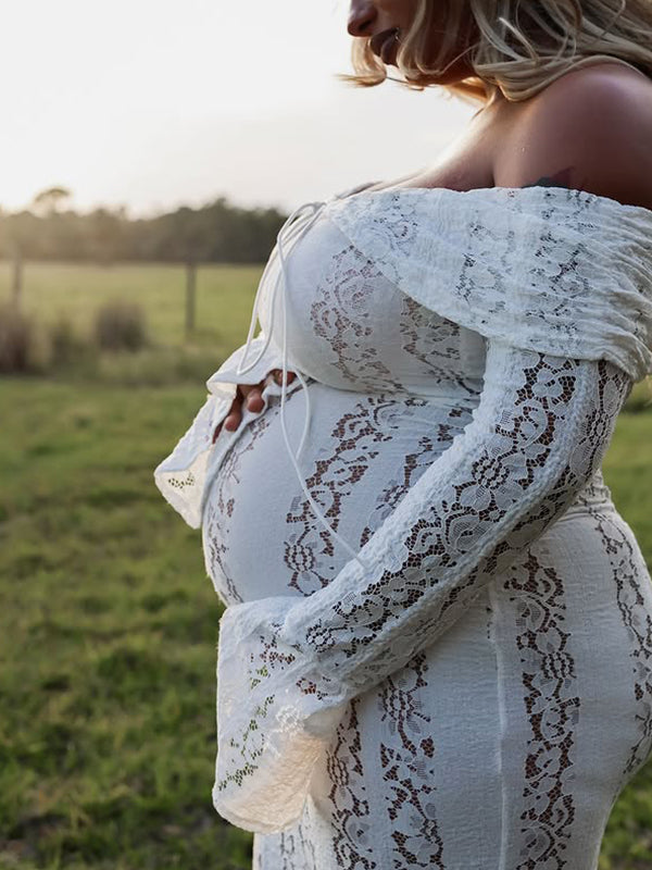 Momnfancy White Off Shoulder Lace Bandeau Tie Front Mermaid Bandage Going Out Photoshoot Maternity Maxi Dress