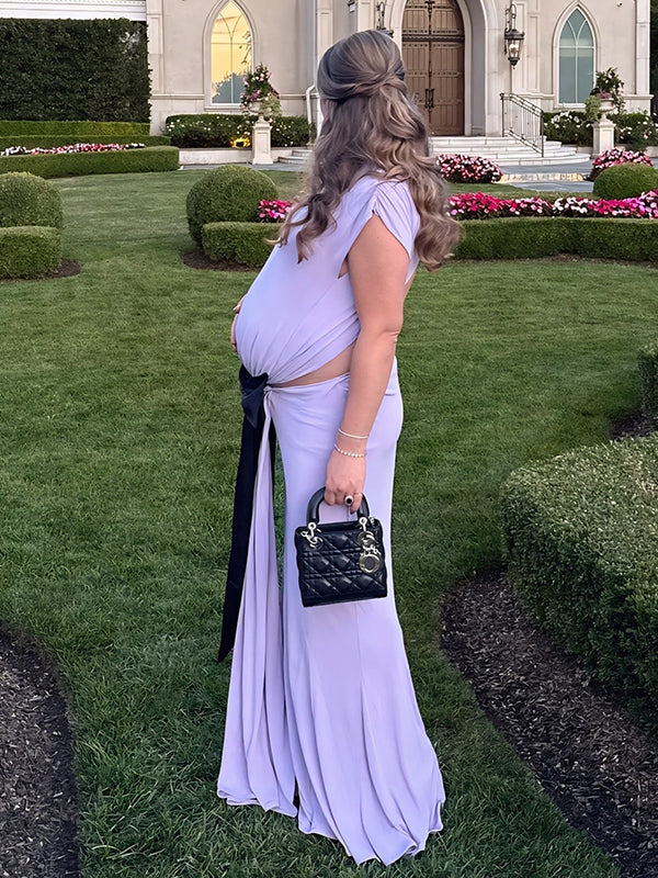 Momnfancy Purple Cut Out Bowknot Backless Bodycon Mermaid Evening Gown Baby Shower Maternity Maxi Dress