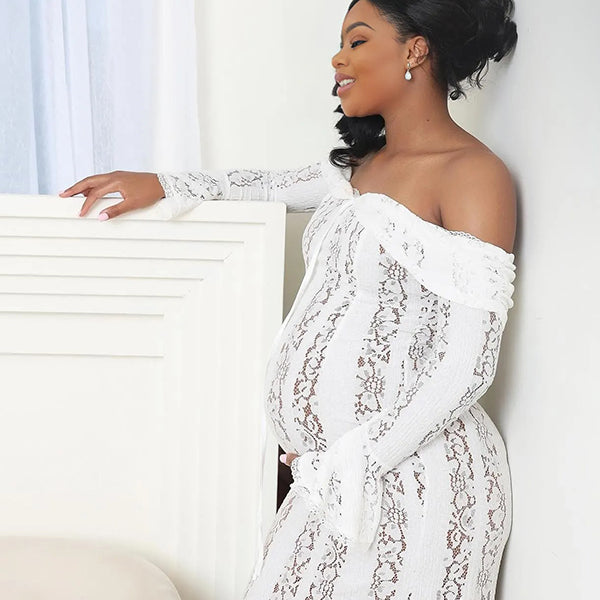 Momnfancy White Off Shoulder Lace Bandeau Tie Front Mermaid Bandage Going Out Photoshoot Maternity Maxi Dress