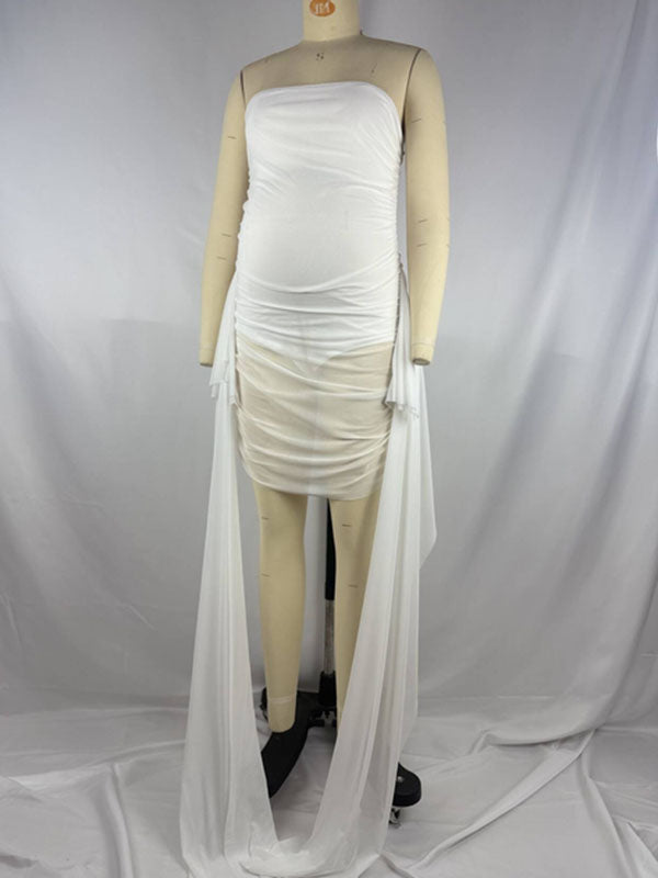 Momnfancy Mesh Ruffle Solid Color Bandeau Side Draped Bodycon Party Maternity Mini Dress