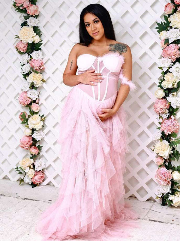 Momnfancy Pink Bandeau Off Shoulder Feather Tulle Maternity Photoshoot Dress