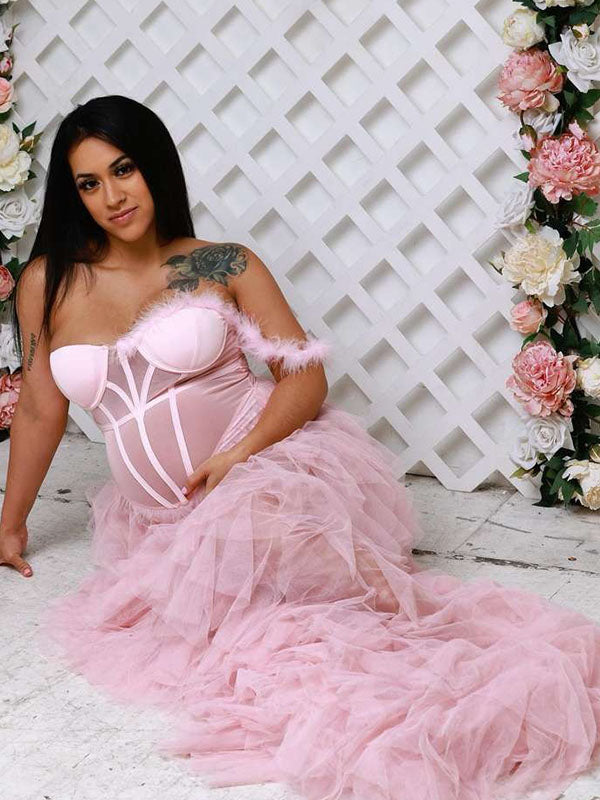 Momnfancy Pink Bandeau Off Shoulder Feather Tulle Maternity Photoshoot Dress