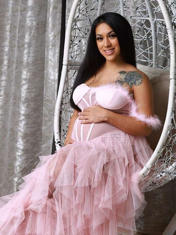 Momnfancy Pink Bandeau Off Shoulder Feather Tulle Maternity Photoshoot Dress