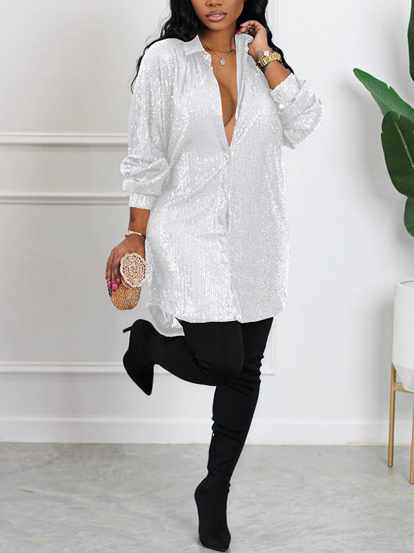 Momnfancy Sequin Button Down Shirt Lapel Sparkle Glitter Tunic Tops Loose Blouse Babyshower Maternity Mini Dress