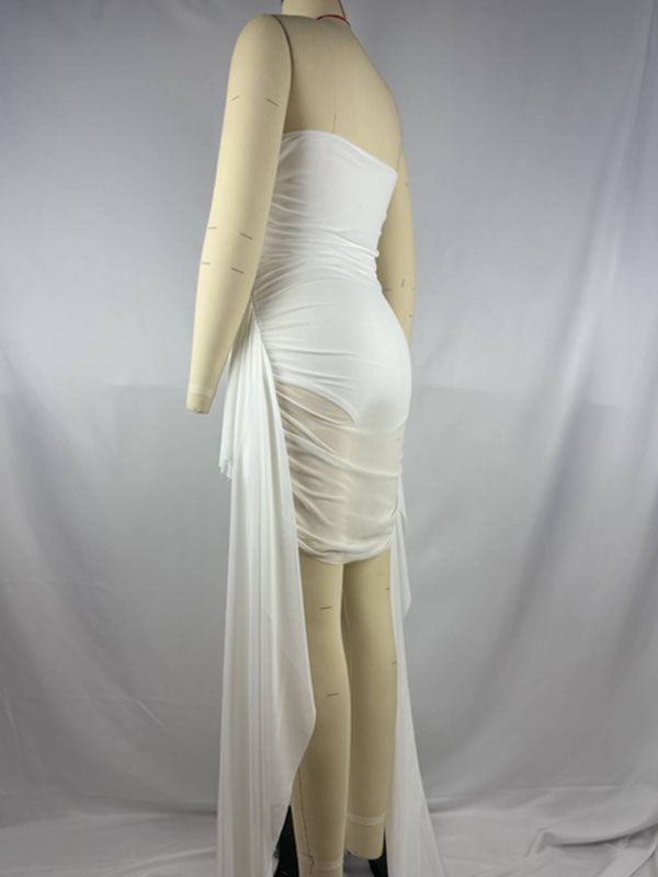 Momnfancy Mesh Ruffle Solid Color Bandeau Side Draped Bodycon Party Maternity Mini Dress