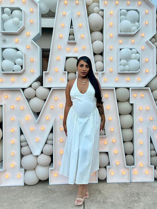 Momnfancy White Corset Halter Neck Backless Big Swing Maternity Maxi Dress