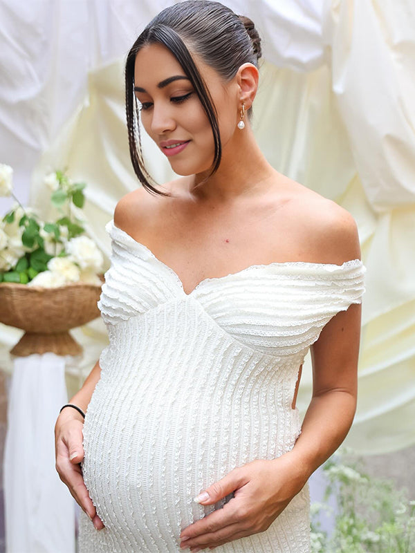 Momnfancy White Off Shoulder Backless Bow Baby Shower Maternity Maxi Dress