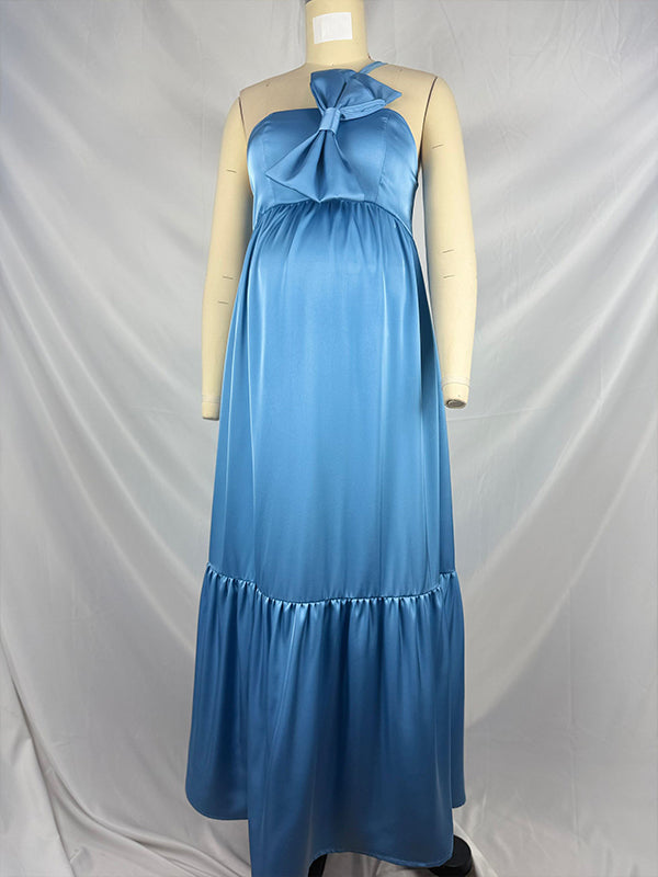 Momnfancy Blue Satin Bowknot One Shoulder A-line Baby Shower Maternity Maxi Dress