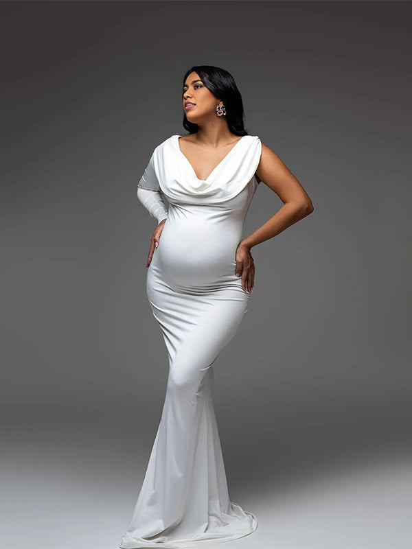 Momnfancy Off Shoulder Backless Irregular Bodycon Mermaid Elegant Party Gown Baby Shower Maternity Maxi Dress