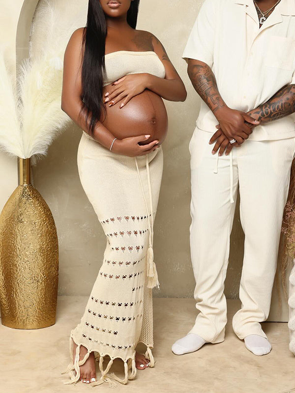 Momnfancy Beige 2-in-1 Cut Out Tassel Photoshoot Maternity Maxi Dress