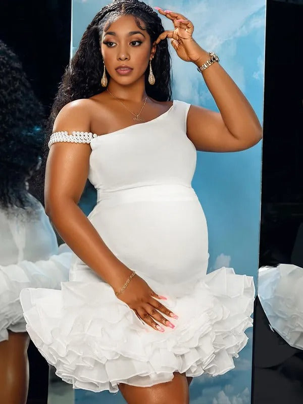 Momnfancy Solid color Off Shoulder Peal Tulle Party Baby Shower Bodycon Maternity Mini Dress