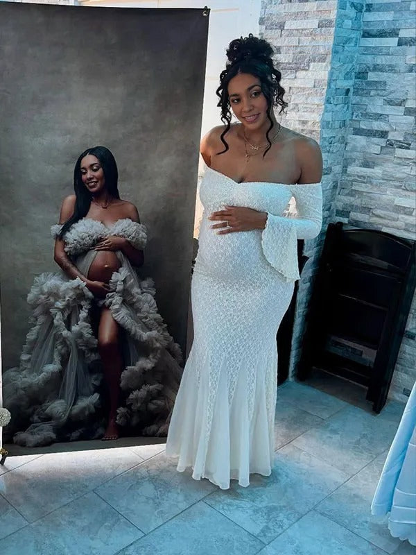 Momnfancy White Lace Off Shoulder Ruched Mermaid Bodycon Evening Gown Baby Shower Maternity Maxi Dress