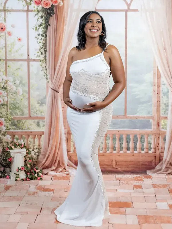 Momnfancy Diamonds Mesh One Shoulder Bodycon Baby Shower Mermaid Maternity Maxi Dress