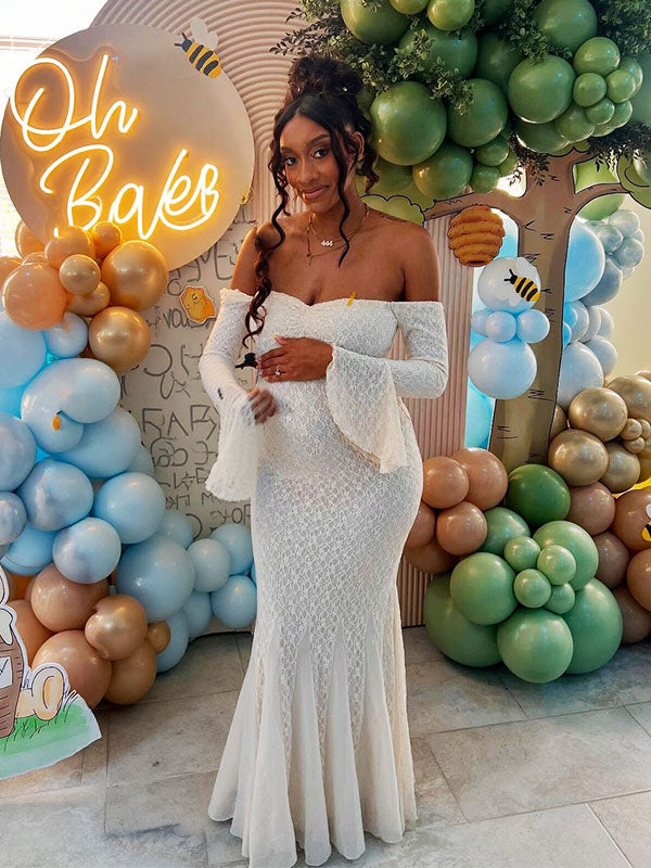 Momnfancy White Lace Off Shoulder Ruched Mermaid Bodycon Evening Gown Baby Shower Maternity Maxi Dress