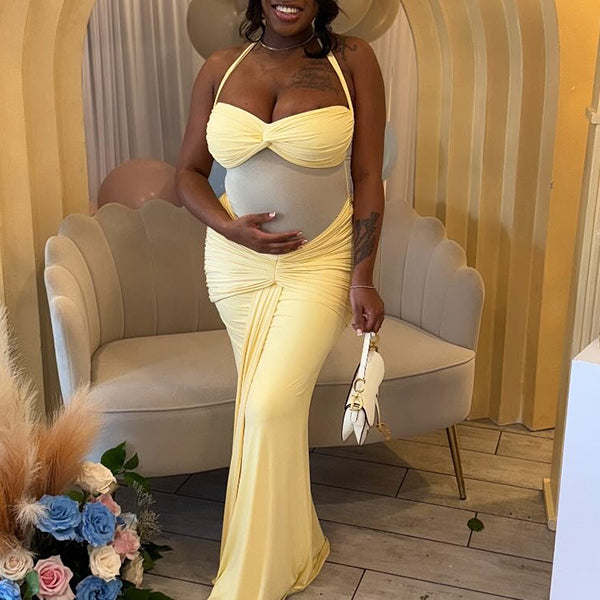 Momnfancy Halter Neck Backless Mesh Ruched Draped Lace-up Baby Shower Bodycon Maternity Maxi Dress