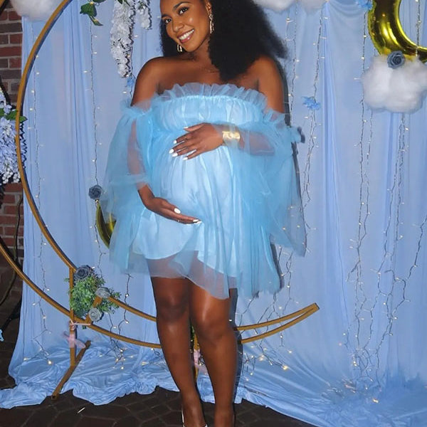 Momnfancy Blue Off Shoulder Ruffle Tulle Tutu Bandeau Plus Size Baby Shower Maternity Mini Dress