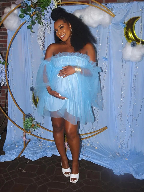 Momnfancy Blue Off Shoulder Ruffle Tulle Tutu Bandeau Plus Size Baby Shower Maternity Mini Dress