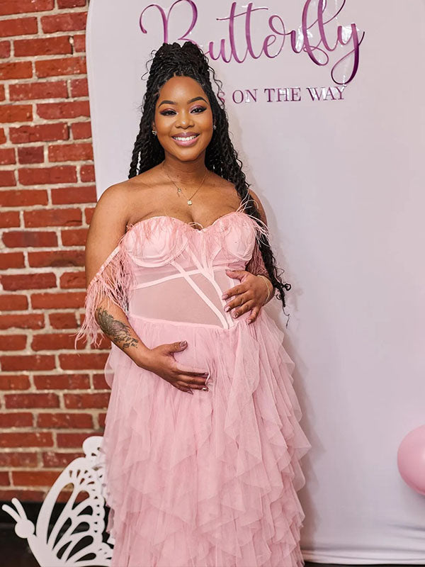 Momnfancy Pink Bandeau Off Shoulder Feather Tulle Maternity Photoshoot Dress