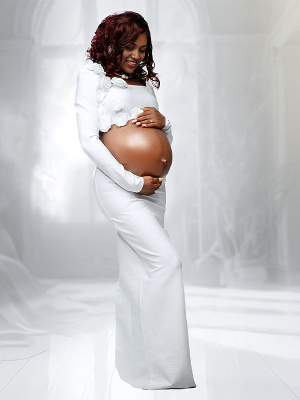 Momnfancy White 3D Flowers Cut Out Photoshoot Maternity Maxi Dress