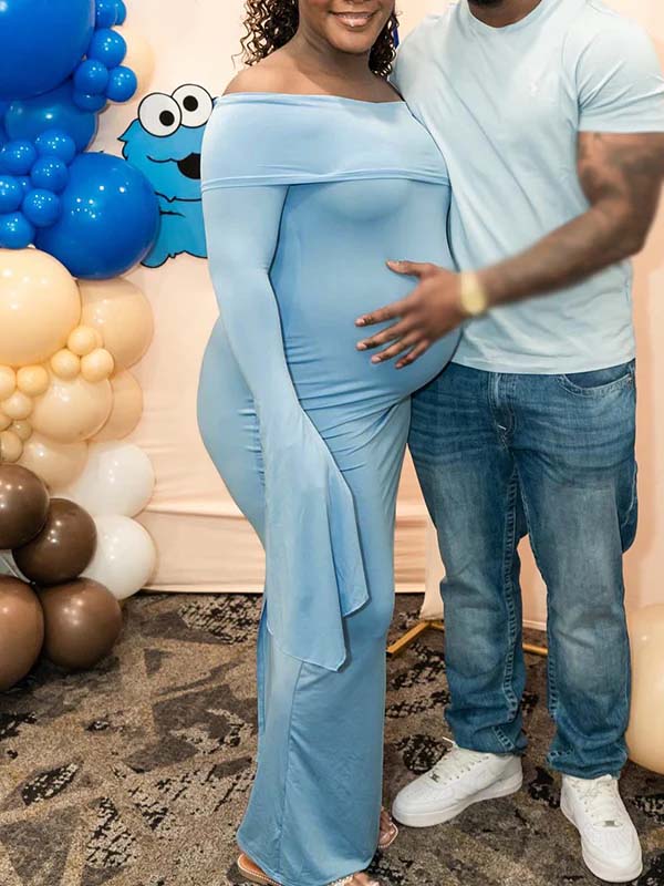 Momnfancy Boat Neck Flare Sleeve Maternity Maxi Dresses