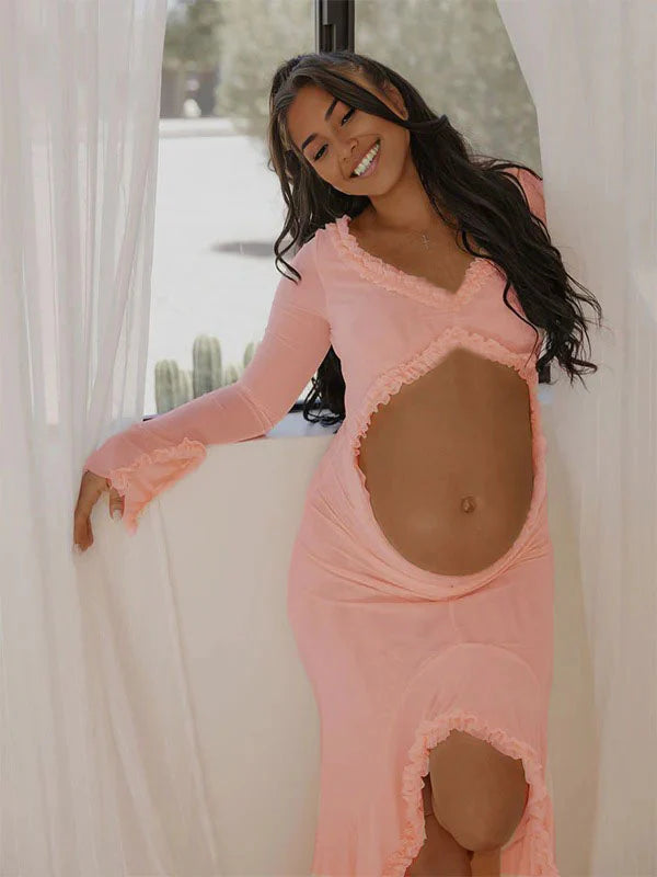 Momnfancy Pink Mesh Sheer Crop Cut Out Ruffle Side Slit Photoshoot Maternity Maxi Dresses