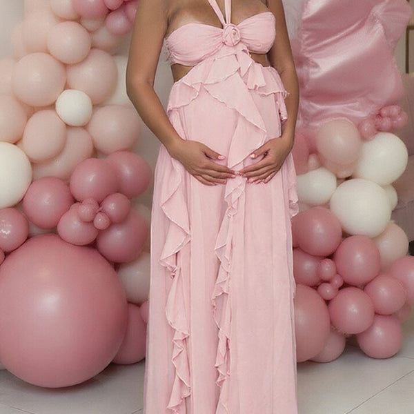Momnfancy Pink Halter Neck 3D-flowers Ruffle Falbala Party Baby Shower Maternity Maxi Dresses