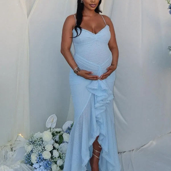Momnfancy Blue Mesh Ruffle Irregular Bodycon Mermaid Party Evening Gown Baby Shower Maternity Maxi Dress