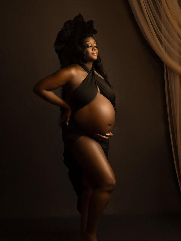 Momnfancy Black Cut Out Crop Thigh High Side Slits Ruched Knot Halter Neck Maternity Maxi Dress