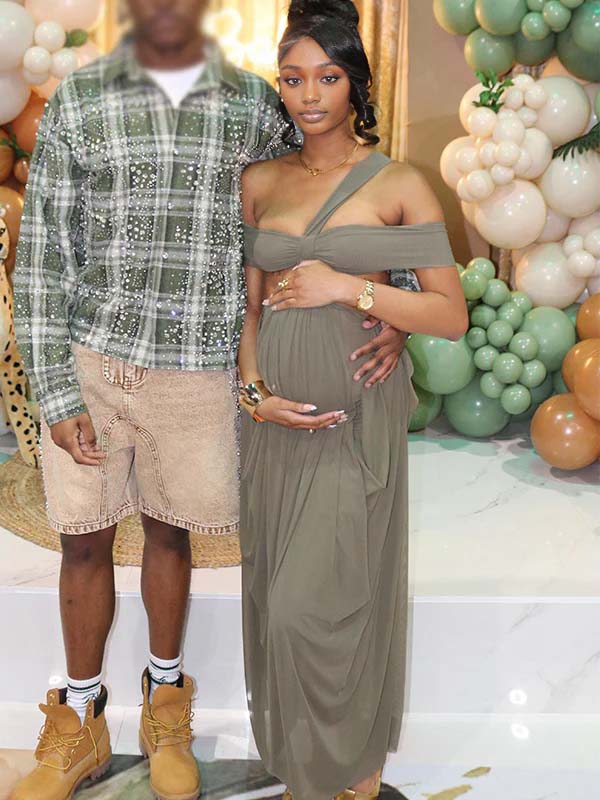 Momnfancy Off Shoulder Cut Out Backless Halter Neck Falbala Baby Shower Maternity Maxi Dress