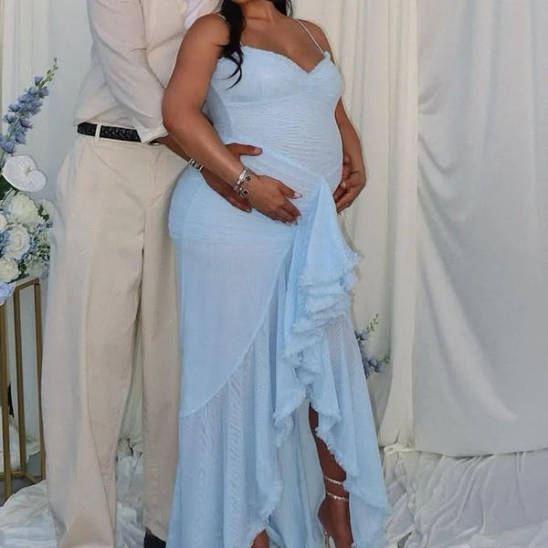 Momnfancy Blue Mesh Ruffle Irregular Bodycon Mermaid Party Mermaid Evening Gown Photoshoot Maternity Maxi Dress