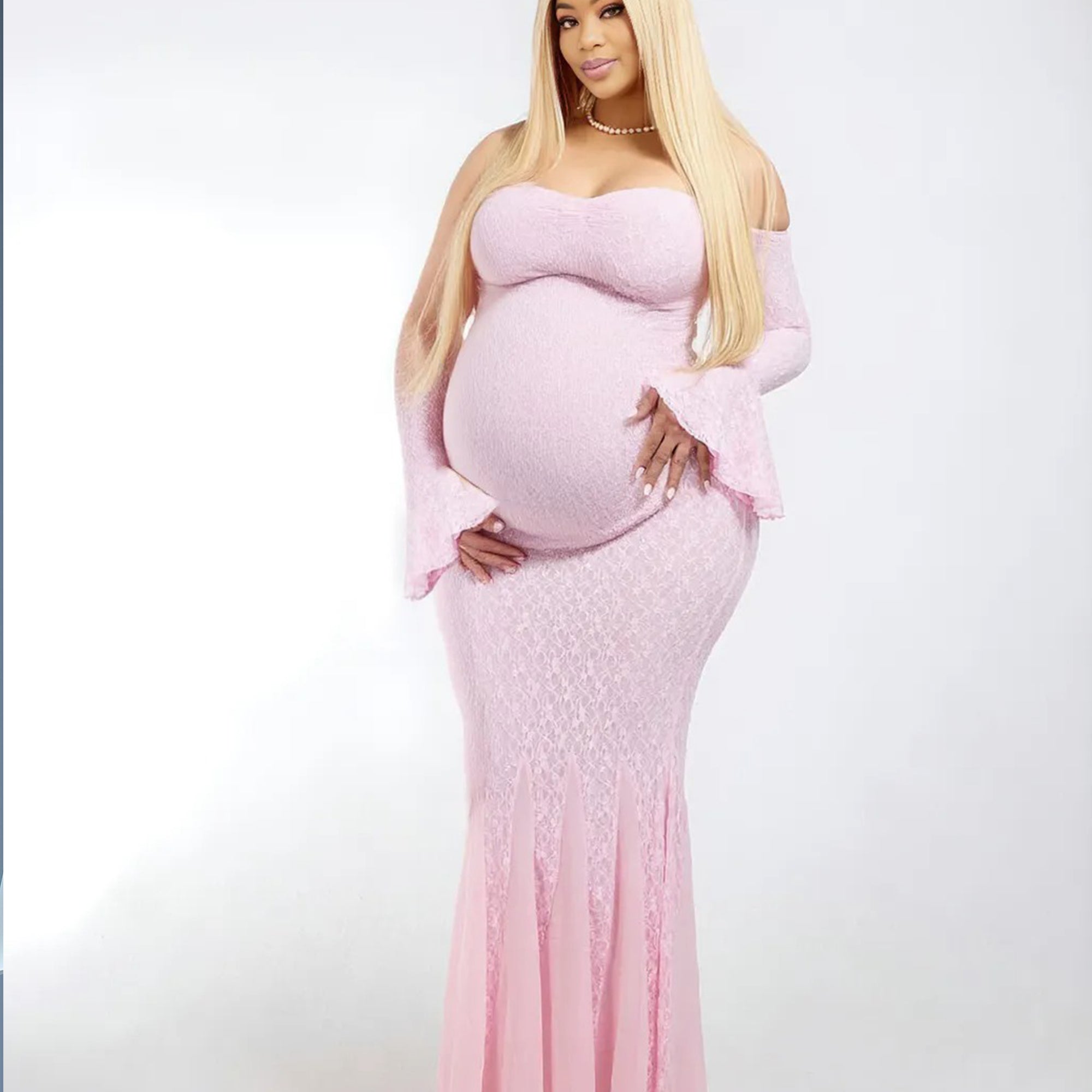 Momnfancy Pink Off Shoulder Bodycon Flare Long Sleeve Lace Mermaid Maternity Maxi Dress
