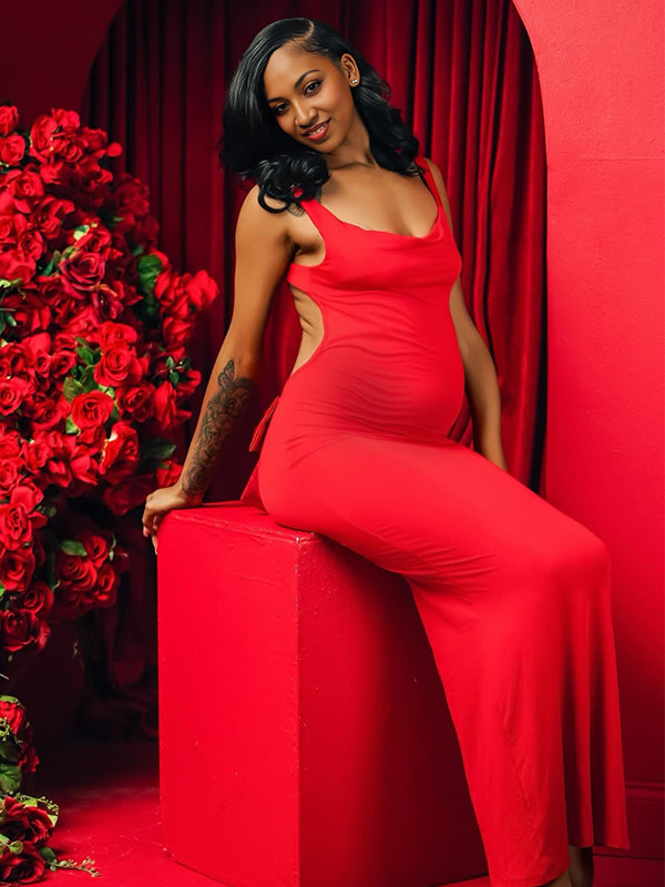 Momnfancy Solid Color Bow Tank Backless Mermaid Elegant Cocktail Party Maternity Maxi Dress