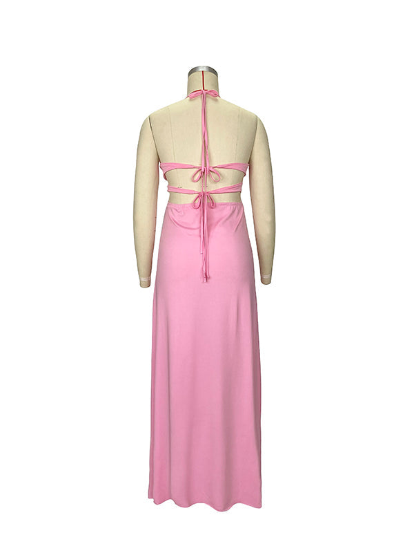 Momnfancy Pink Spaghetti Strap Halter Neck Backless Maternity Baby Shower Maxi Dress