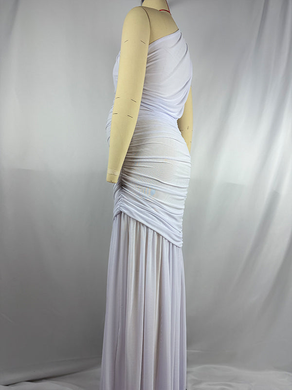 Momnfancy One Shoulder Mesh Ruched Mermaid Evening Gown Baby Shower Maternity Maxi Dress