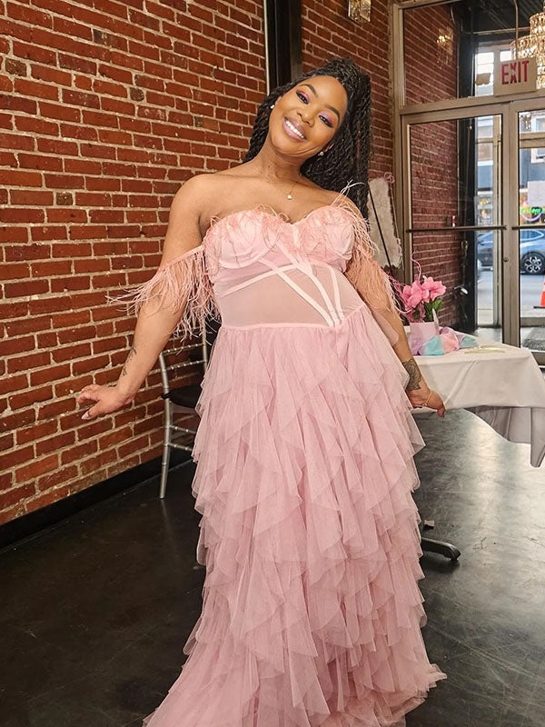 Momnfancy Pink Bandeau Off Shoulder Feather Tulle Maternity Photoshoot Dress