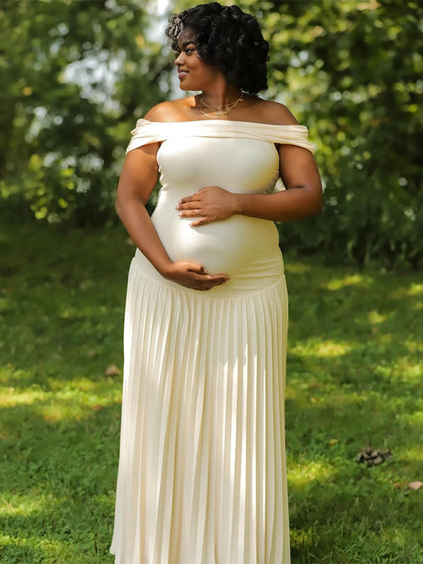 Momnfancy Apricot Off Shoulder Ruched Pleated Photoshoot Maternity Maxi Dress