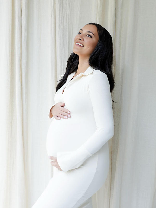 Momnfancy Solid Color V-Neck Knit Split Long Sleeve Bodycon Going Out Photoshoot Maternity Sweater Maxi Dress