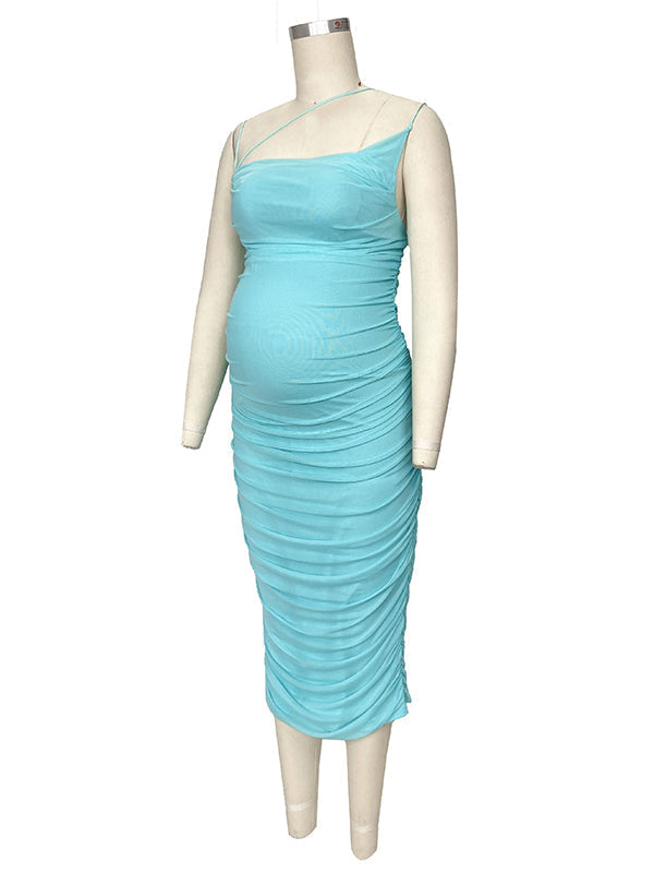Momnfancy Spaghetti Strap Mesh Ruched Bodycon Babyshower Maternity Midi Dress