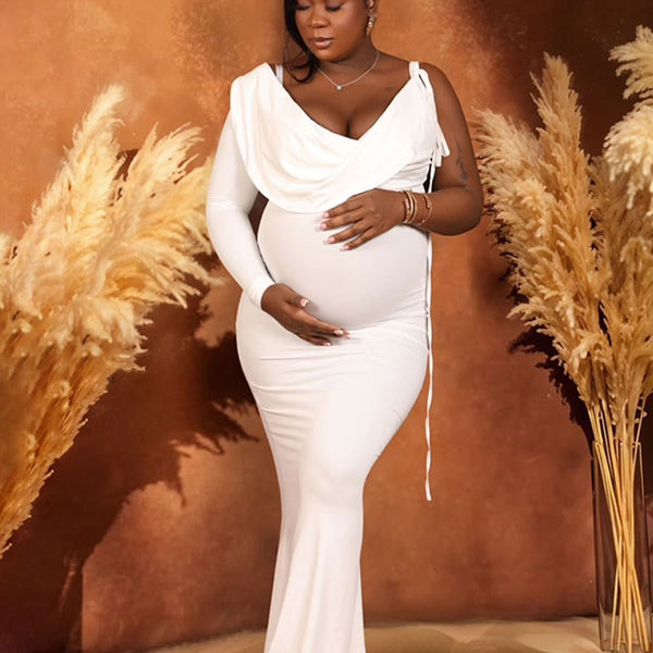 Momnfancy Off Shoulder Backless Irregular Bodycon Mermaid Elegant Party Gown Baby Shower Maternity Maxi Dress