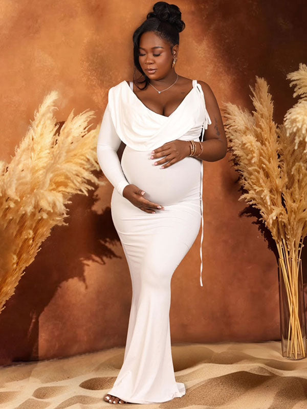 Momnfancy Off Shoulder Backless Irregular Bodycon Mermaid Elegant Party Gown Baby Shower Maternity Maxi Dress