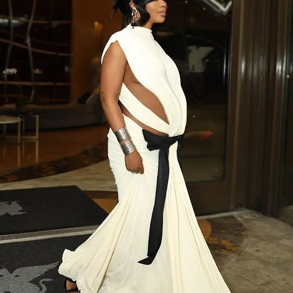 Momnfancy White Cut Out Bowknot Backless Bodycon Mermaid Evening Gown Baby Shower Maternity Maxi Dress